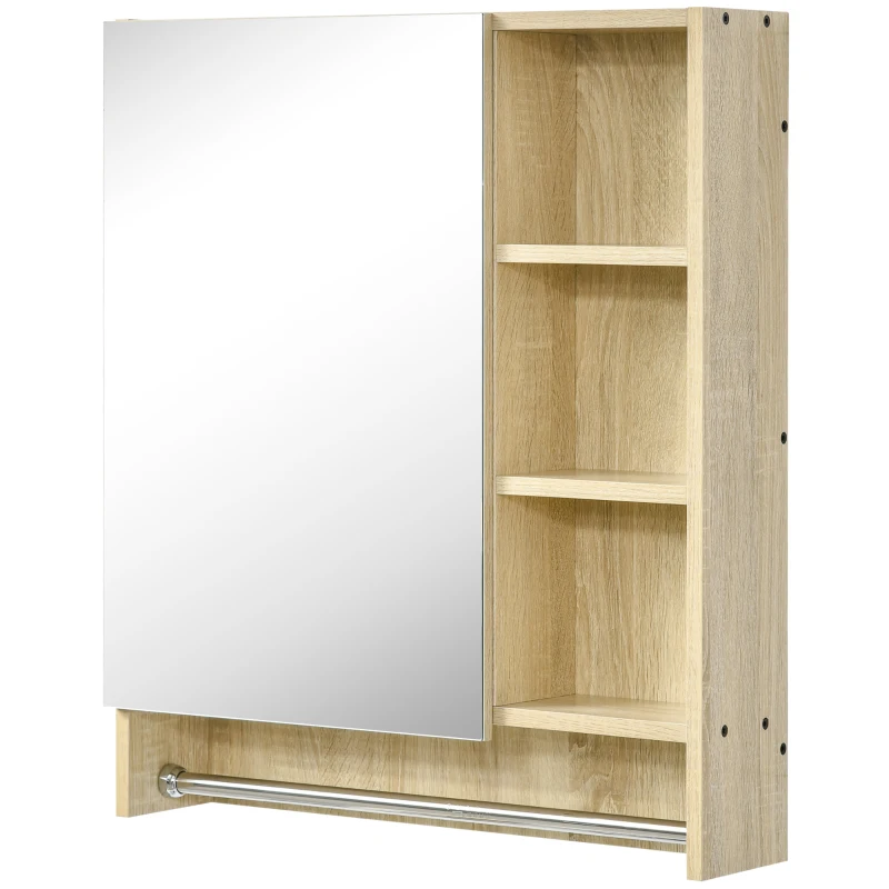 kleankin Bathroom Medicine Cabinet, 23.5" x 27.5" Wall-Mounted Bathroom Mirror Cabinet with 3 Storage Shelves, Inside Adjustable Shelf, and Towel Rack, Natural