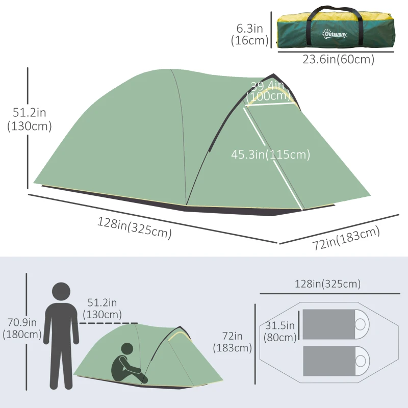 Outsunny 2-3 Person Camping Tent with Weatherproof Vestibule, 2 Rooms, Backpacking Tent with 2 Mesh Windows, Lightweight for Fishing & Hiking, Green