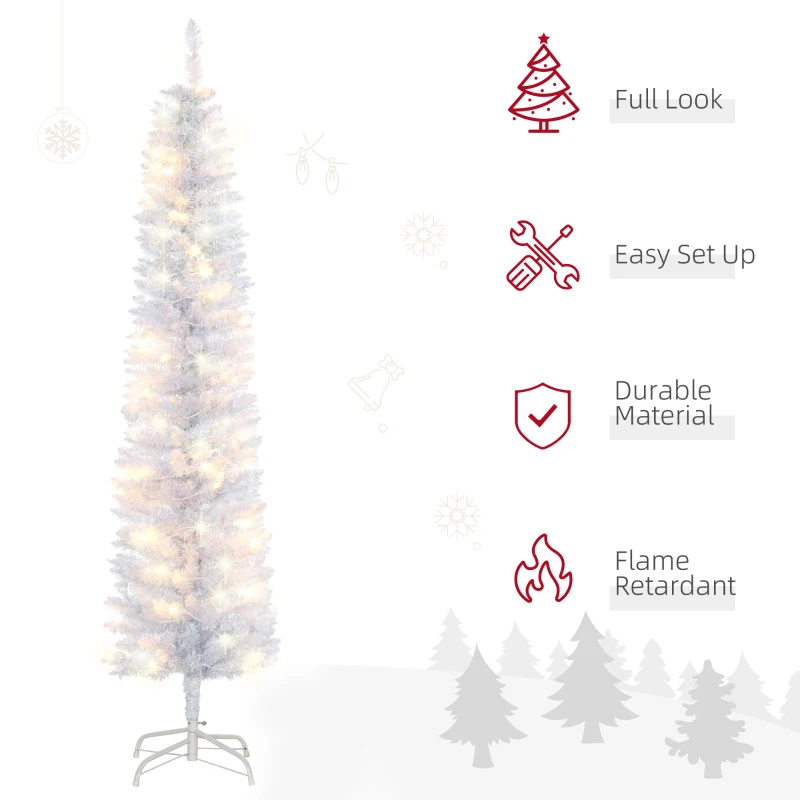 HOMCOM 6ft Tall Prelit Pencil Artificial Christmas Tree, Holiday Décor with 395 Realistic Branches, 100 LED Lights, Foldable Metal Base, White