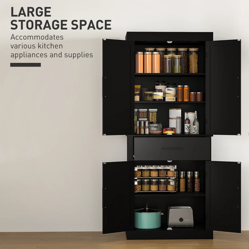 HOMCOM 72" Kitchen Storage Cabinet, Farmhouse Kitchen Pantry Cabinet with 4 Barn Doors, Drawer, Adjustable Shelves, Black
