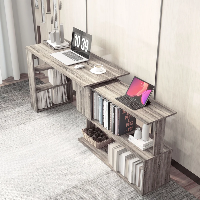 HOMCOM 360° Rotating L Shaped Desk, Corner Computer Desk with Storage Shelves for Home Office, Grey