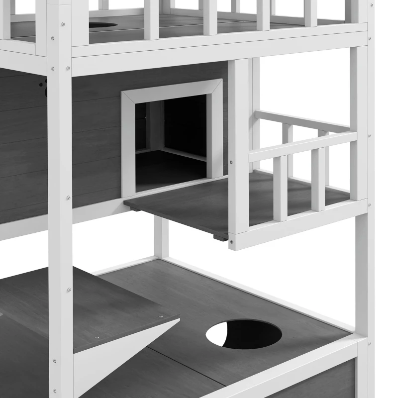 PawHut Wooden Outdoor Cat House with Asphalt Roof, Escape Doors, Condo, Jumping Platform, Light Gray