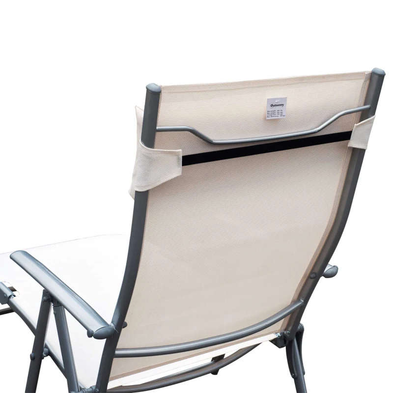 Outsunny Chaise Lounge Foldable Outdoor Chair, Portable, 7-Position Adjustable Reclining Tri-fold Chair for Camping, Sunbathing & Tanning at the Beach, Swimming Pool with Pillow, Cream White