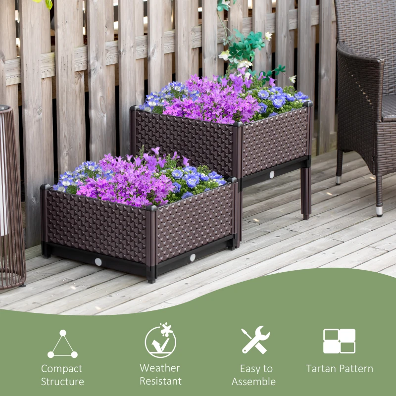 Outsunny Set of 2 Plastic Raised Garden Bed, Planter Box, Flower Vegetables Planting Container with Self-Watering Design and Drainage Holes for Patio Balcony