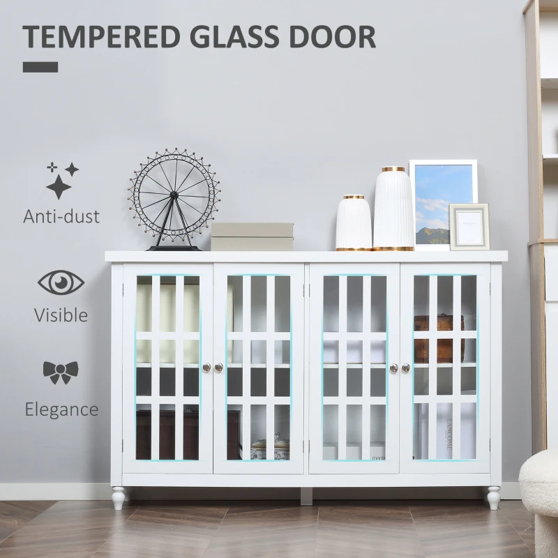 HOMCOM Sideboard, Buffet Cabinet with 4 Tempered Glass Doors, Stripe Pattern and Adjustable Storage Shelf, Credenza, White