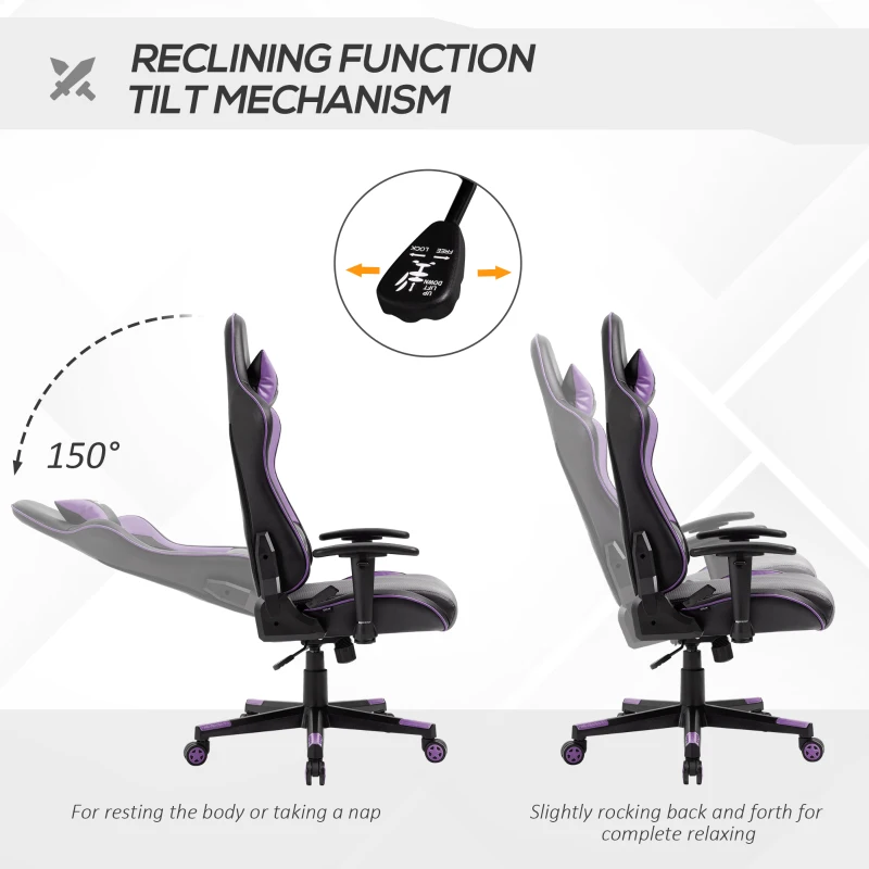 Vinsetto Gaming Chair Racing Style Ergonomic Office Chair High Back Computer Desk Chair Adjustable Height Swivel Recliner with Headrest and Lumbar Support, Purple