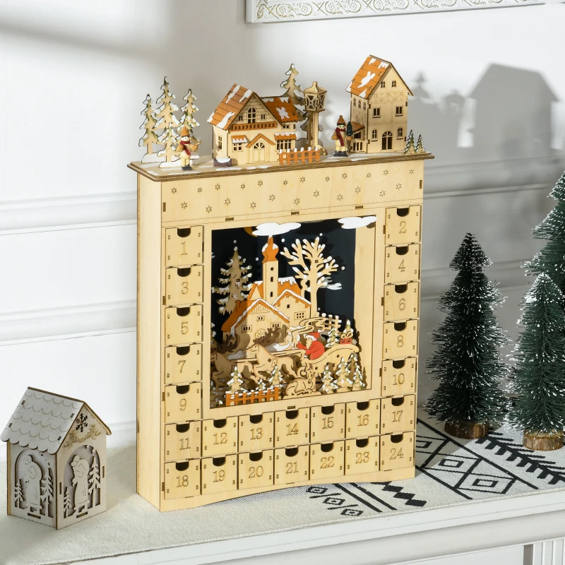 HOMCOM Christmas Advent Calendar, Wooden Countdown to Christmas Table Decoration with 24 Drawers, Lights, Battery Operated