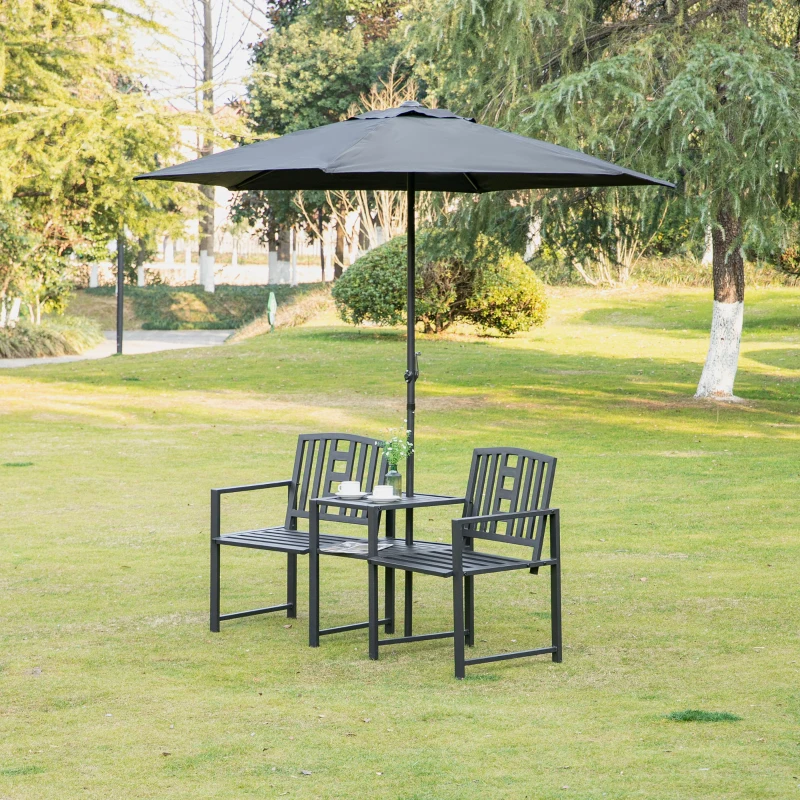 Outsunny Metal Garden Bench with Middle Table and Umbrella Hole, 2-in-1 Double Patio Chairs, Outdoor 2-person Tete-a-Tete, Slatted, Black(m-7)