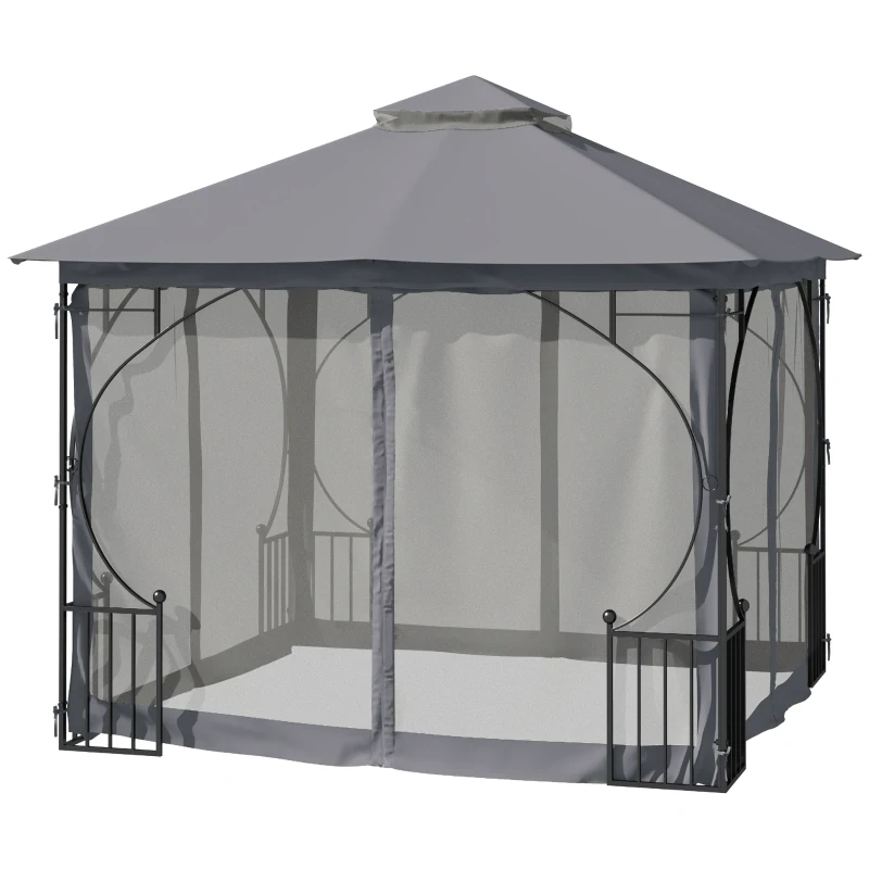 Outsunny 10' x 10' Patio Gazebo, Double Roof Outdoor Gazebo Canopy Shelter with Netting, Steel Corner Frame for Garden, Lawn, Backyard and Deck, Dark Gray