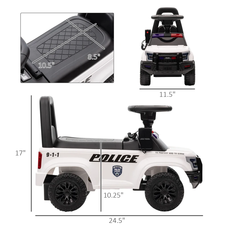 Aosom Kids Push Ride On Car with Working PA System and Horn, Police Truck Style  Foot-to-Floor Sliding Car for Boys and Girls with Under-Seat Storage, for 18 Months to 5 Years Old, White