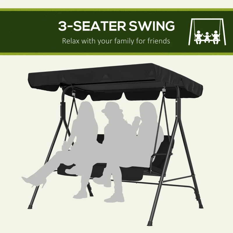 Outsunny 3-Seat Outdoor Patio Swing Chair w/ Cushion, Steel Frame Stand, Adjustable Tilt Canopy for Patio, Garden, Black 2