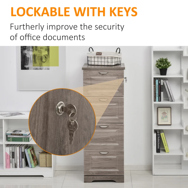 HOMCOM Tall Wooden 4 Drawer Vertical File Cabinet with Enclosed Storage for Letter/Legal Size, File Hangers and Lock, and Key, Grey Oak