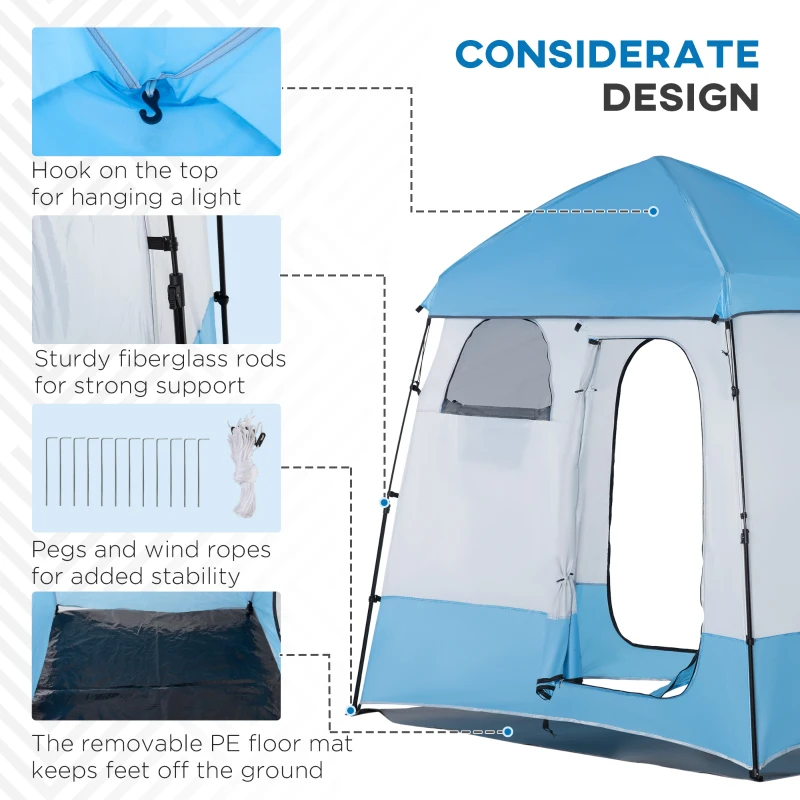 Outsunny Pop Up Shower Tent, Portable Privacy Shelter for 2 Persons, Changing Room with 2 Windows, 3 Doors, Carrying Bag, Grey and Blue