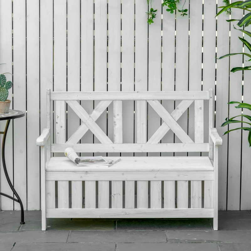 Outsunny Wooden Outdoor Storage Bench 2-Person Patio Bench with Louvered Side Panels and X-Shape Back for Garden, Patio, White