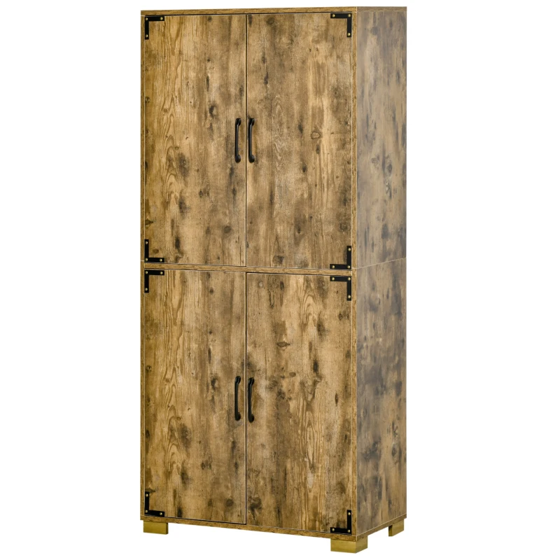 HOMCOM Industrial Kitchen Pantry Cabinet with 4 Doors and Storage Shelves, Freestanding Storage Cabinet, Rustic Wood