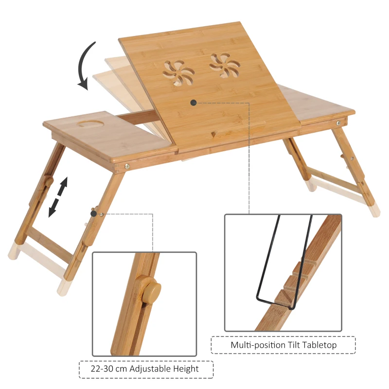 HOMCOM Adjustable Bamboo Laptop Desk Portable Foldable Breakfast Serving Bed Tray with Tilt Top (28.3"L)