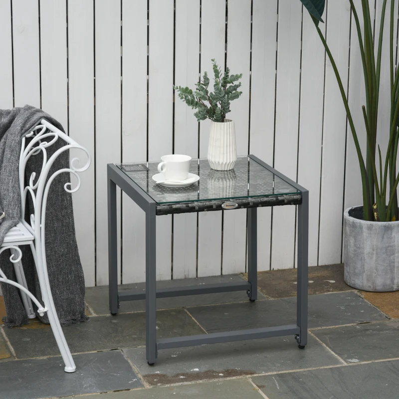 Outsunny Rattan Coffee Table, Wicker Patio Side Table with Tempered Glass Top and Aluminum Frame for Outdoor, Garden, Gray