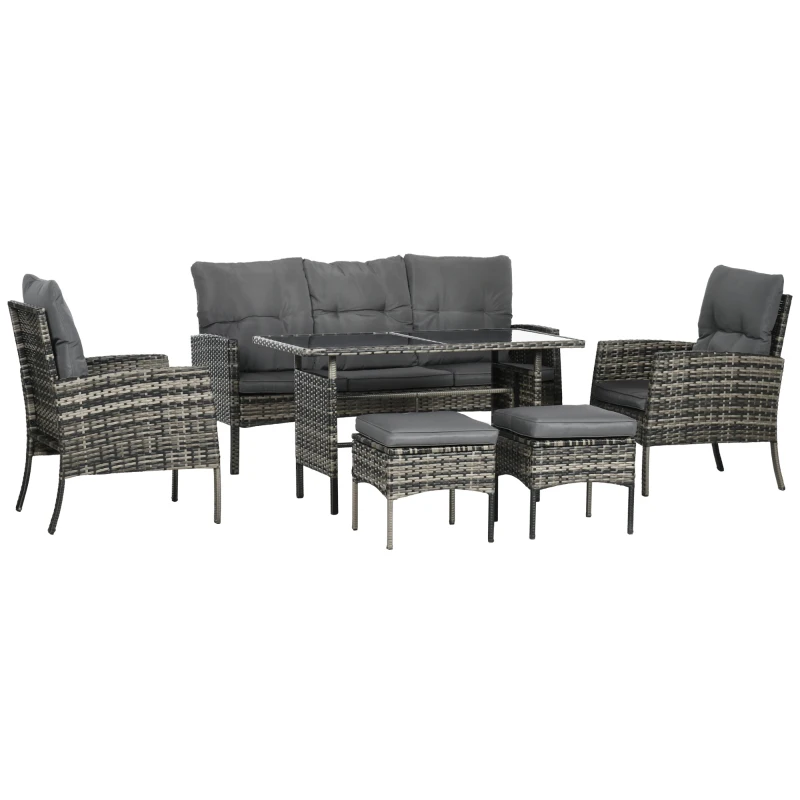Outsunny 6 Piece Patio Furniture Set with Patio Chairs, Ottomans, Sofa, Glass Top Table and Cushions, Wicker Rattan Outdoor Furniture Set for Backyard, Porch, Grey
