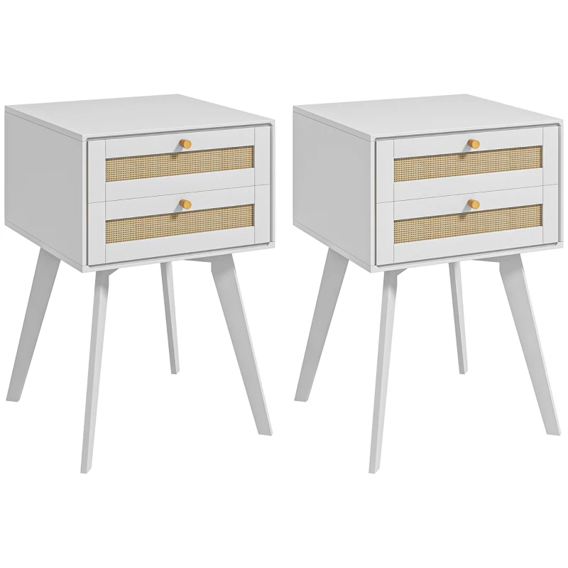HOMCOM Boho Night Stands Set of 2, Bedside Tables with 2 Rattan Drawers, Square End Tables for Bedroom, Living Room