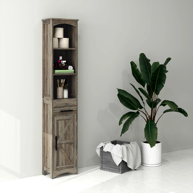 HOMCOM Farmhouse Tall Slim Bathroom Storage Cabinet with Recessed Drawer, Narrow Cabinet with Barn Door, Weathered Gray Oak