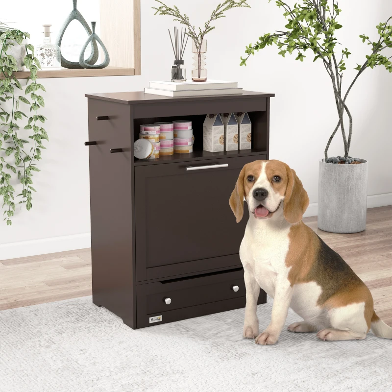 PawHut Pet Feeder Station Storage Cabinet, Dog Food Storage Container with Dog Raised Bowls, Watering Supplies, Gray