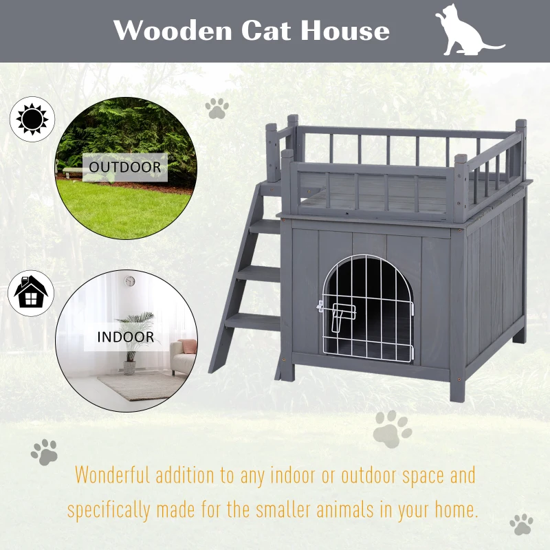 PawHut 2-Level Wooden Cat House, Outdoor Dog Shelter Cat Condo with Lockable Wire Door and Balcony, Gray
