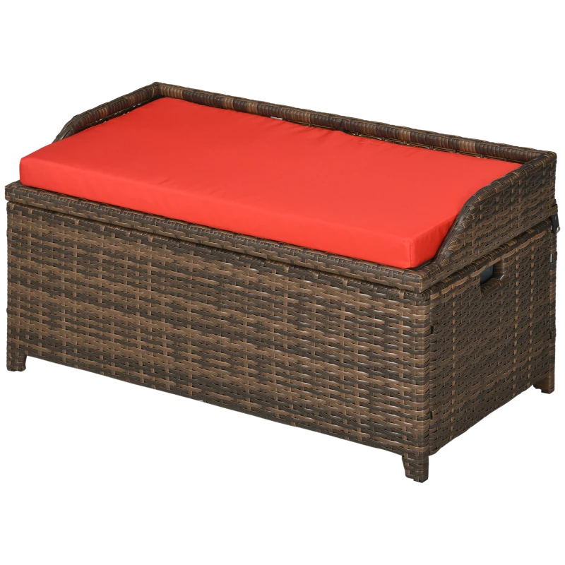 Outsunny 34 Gallon Outdoor Wicker Storage Bench Deck Box, PE Rattan Patio Furniture Pool Storage Bin Container with Interior Waterproof Cloth Bag and Comfortable Cushion, Red