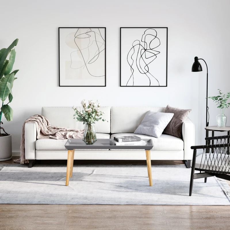 HOMCOM Coffee Table with Tray Top, Nordic Center Table with Pine Wood Legs, Rectangle Coffee Tables for Living Room, Gray