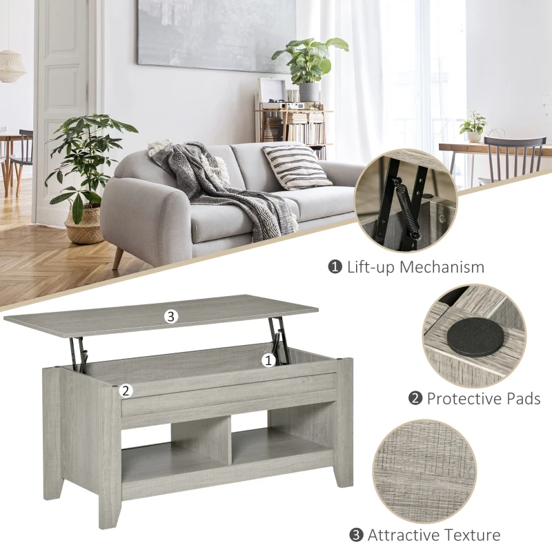 HOMCOM Lift Top Coffee Table with Hidden Storage Compartment and Open Shelves, Lift Tabletop Pop-Up Center Table for Living Room, Light Grey