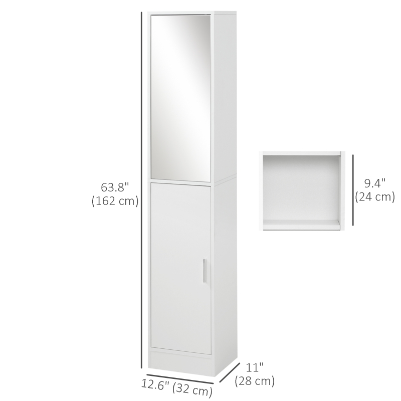 kleankin Tall Bathroom Cabinet with Mirror Narrow Bathroom Storage Cabinet with Doors Adjustable Shelves for Small Spaces White
