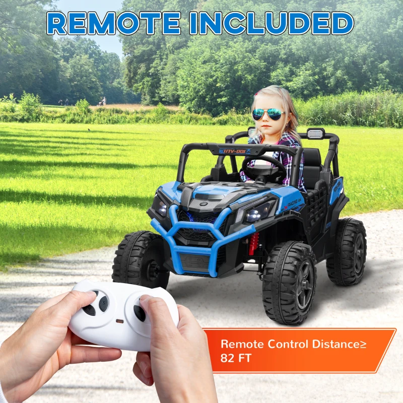 Qaba 2 Seater 24V Kids Electric Car w/ Remote Control, 3 Speed, LED Lights, Music, Horn, Spring Suspension, Slow Start, Blue