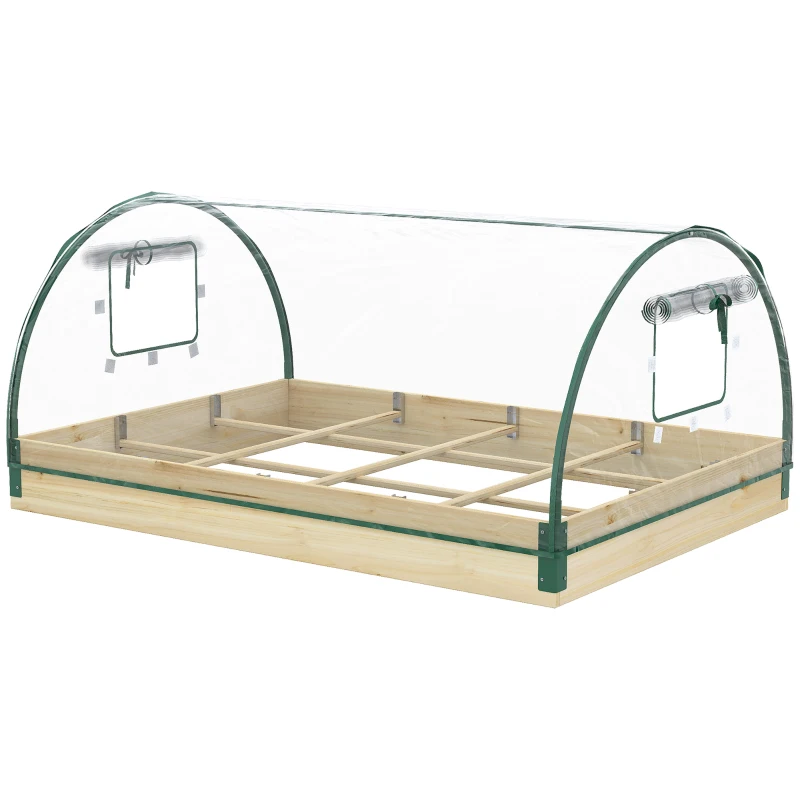 Outsunny 12 Pockets Raised Garden Bed with Greenhouse and Roll Up Windows for Vegetables, Flowers, 4' x 3' x 2', Natural Wood