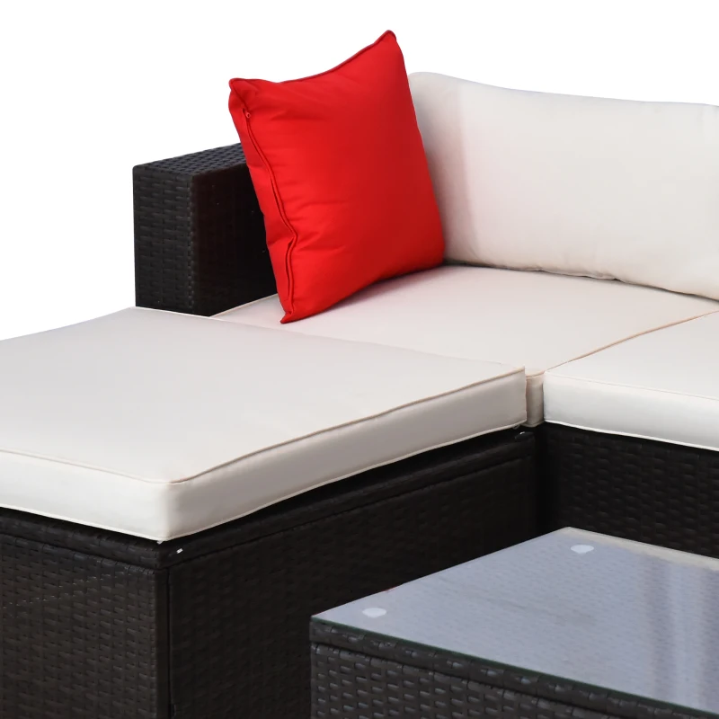 Outsunny 5 Pieces Patio Wicker Patio Furniture Sofa Set with Thick Cushions, Outdoor Modular PE Rattan Sectional Conversation Couch with Glass Top Table, Cream White