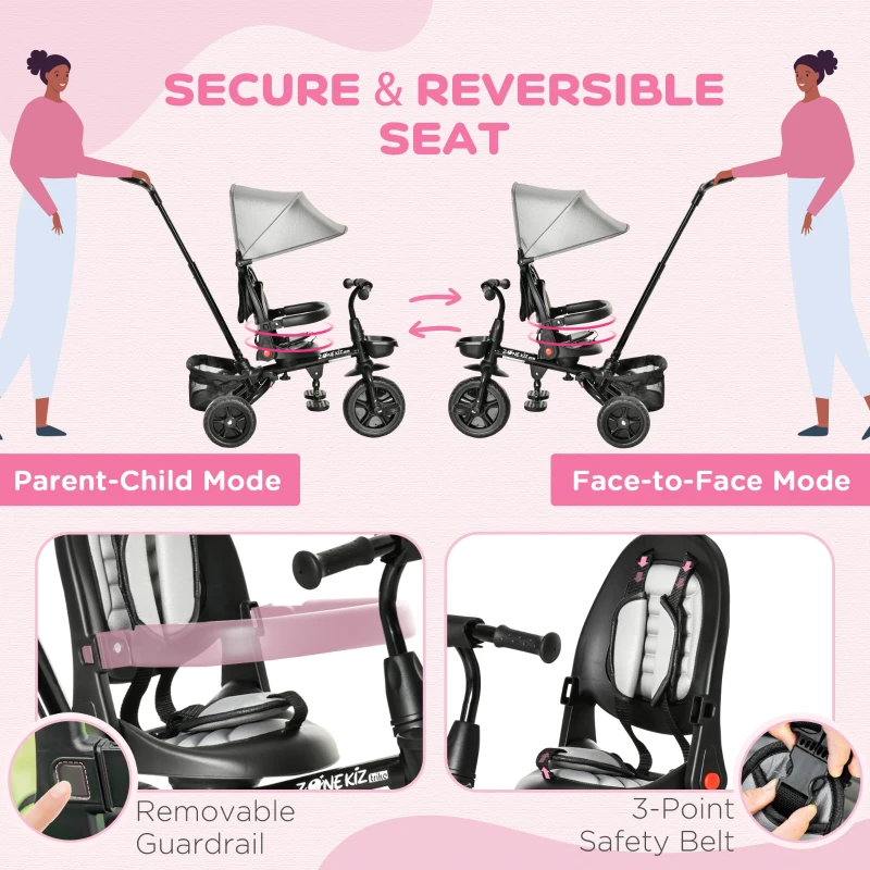 Qaba Kids Tricycle, 4 in 1 Foldable Trike with Reversible Seat, Adjustable Parent Handle, Safety Harness, Wheel Brakes, Removable Canopy, Storage, Tricycle for Toddlers 1-5 Years, Gray