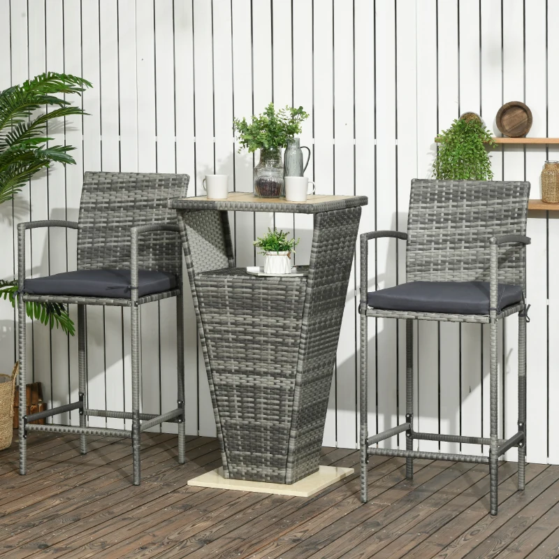 Outsunny 3 Pieces Patio Bar Set, Wicker Bistro Set, PE Rattan Bar Table and Chairs with Soft Padded Cushions, Storage Shelf, Wood Grain Plastic Top, Mixed Gray