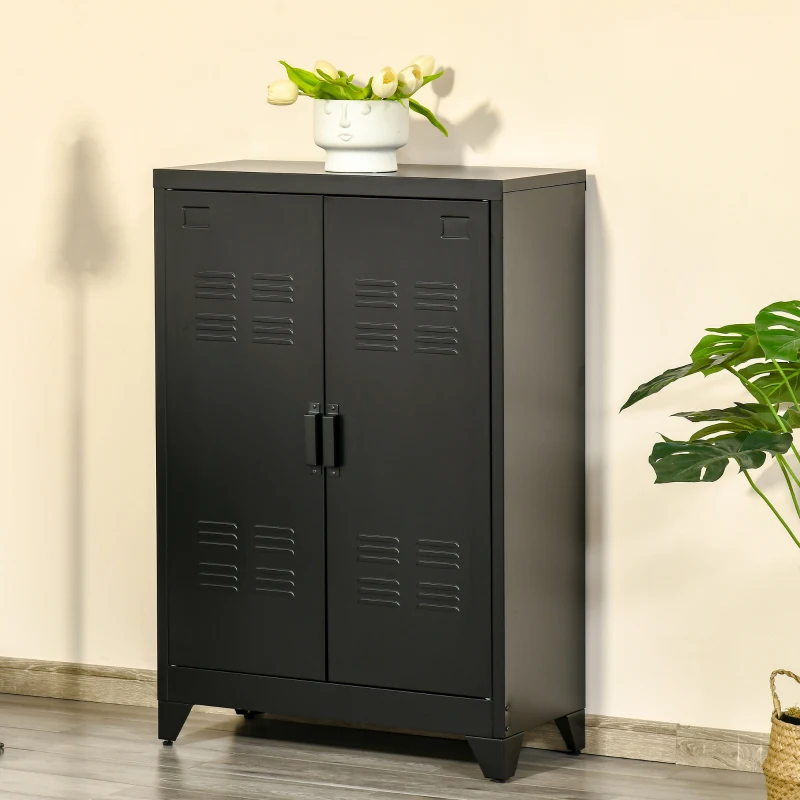 HOMCOM Metal Storage Cabinet, Industrial Sideboard Buffet Cabinet with 2 Louvered Doors, Adjustable Shelves, Black