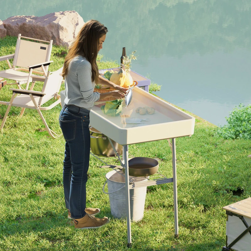Outsunny 3.4ft Folding Ice Cooler Table with Drain, Fill and Chill Table Outdoor Table Cooler with Storage Shelf, Drink Cooler for Parties Picnic BBQ Camping Wedding, Tan
