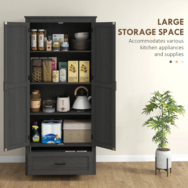 HOMCOM 69" Tall Farmhouse Kitchen Pantry Cabinet with 2 Doors, Drawer and Adjustable Shelves for Dining Room, Black