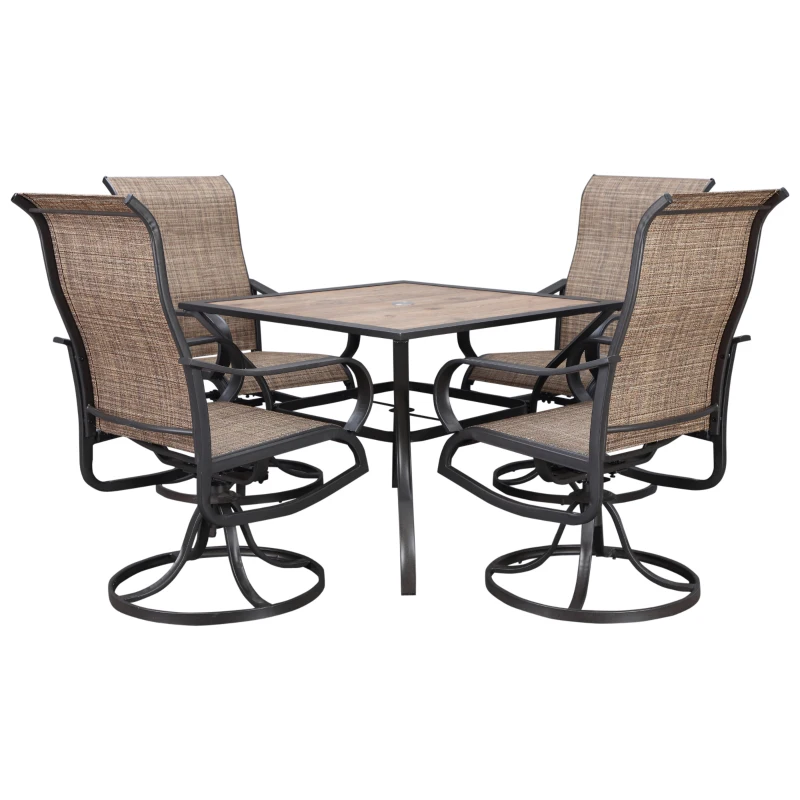 Outsunny 5 Piece Garden Patio Dining Furniture, Outdoor Conversation Set, 37" Dinner Table with Umbrella Hole, 4 Rocking Swivel Chairs for Garden, Lawn, Backyard, Coffee Bean Brown
