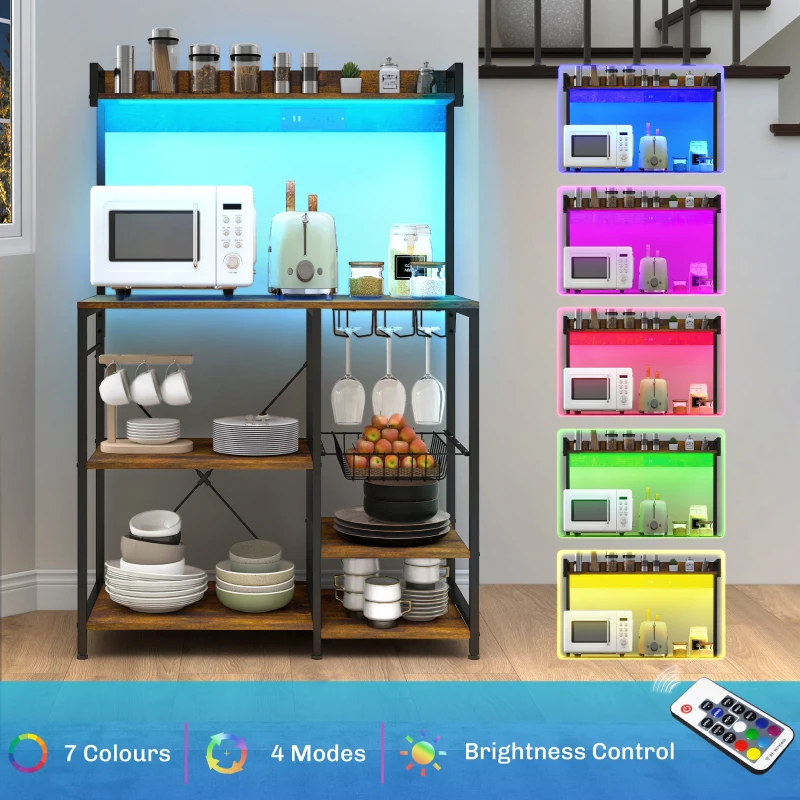 HOMCOM Industrial Kitchen Bakers Rack with Charging Station, RGB Lights, Glass Holders and Open Shelves, Rustic Brown