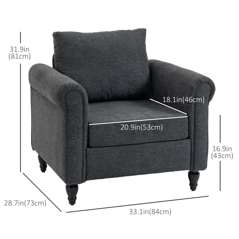 HOMCOM Vintage Armchair, Upholstered Accent Chair with Rolled Arms, Gourd-Shaped Rubber Wood Legs, Dark Grey