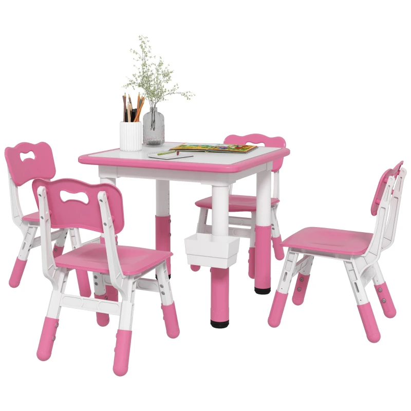 Qaba Height Adjustable 5pc Toddler Table and Chair Set with Storage Box, Easy to Wipe for 18 Months - 5 Years, Pink