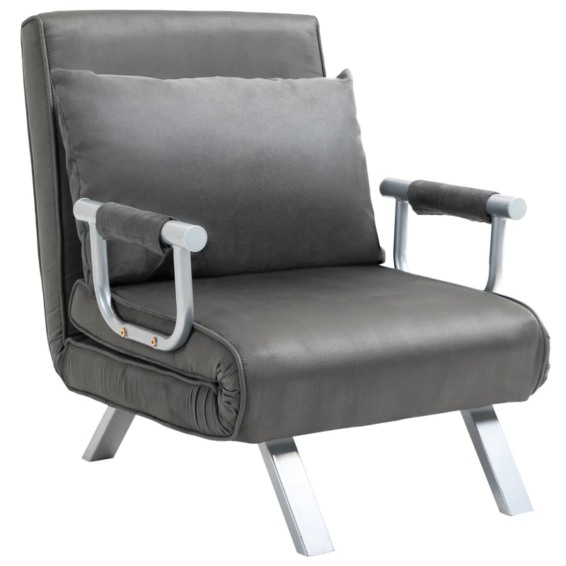 HOMCOM Single Person Folding 5 Position Convertible Sofa Bed Sleeper Chair Chaise Lounge Couch w/Pillow & Steel Frame, Dark Grey