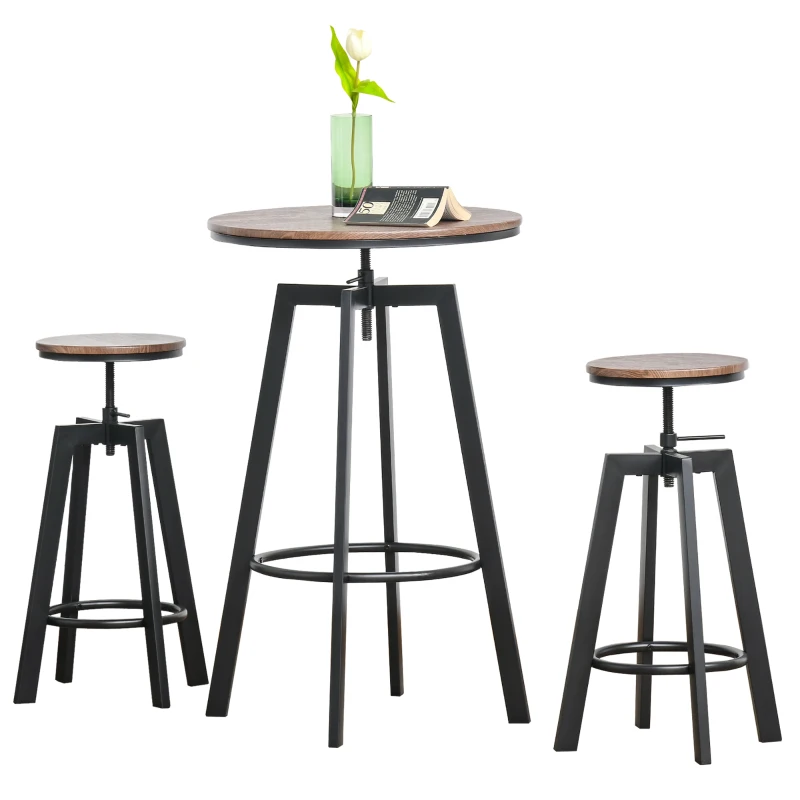HOMCOM 3 Pieces Bar Table Set w/ 2 Stools Heavy Duty Steel Pub Dining Desk Chairs Industrial Metal Design Bistro Set Height Adjustable
