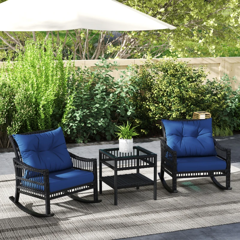 Outsunny 3 Pieces Outdoor PE Rattan Rocker Chair Set, Rocking Chair with Tempered Glass Table Top, 25"x26"x28", Dark Blue