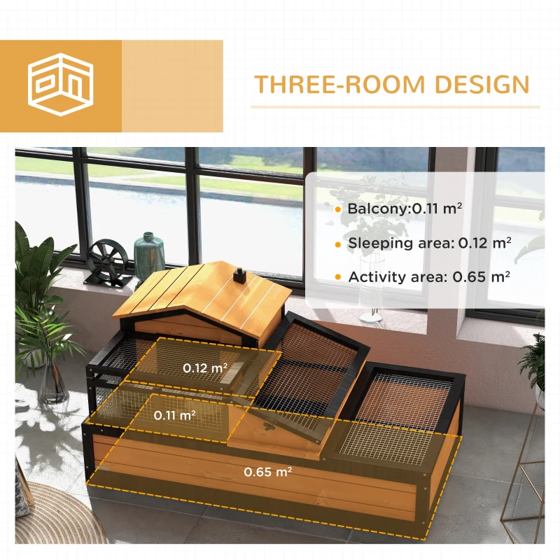 PawHut 3-Room Tortoise House Habitat with Balcony & 2 Stories, Indoor/Outdoor Wooden Tortoise Enclosure with Ladder, Tray, Openable Roof, Large Reptile Cage, 44" x 25.5" x 23", Yellow