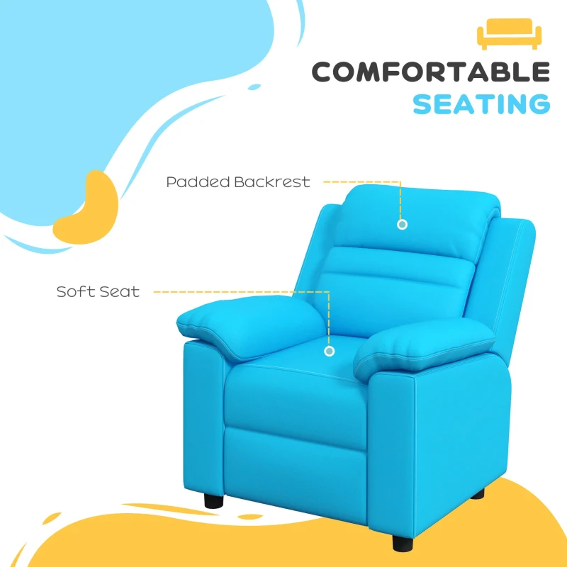 Qaba Kids Leather Recliner Chair with Armrest, Footrest, Headrest for Boys and Girls 3-9 Years Old, Blue