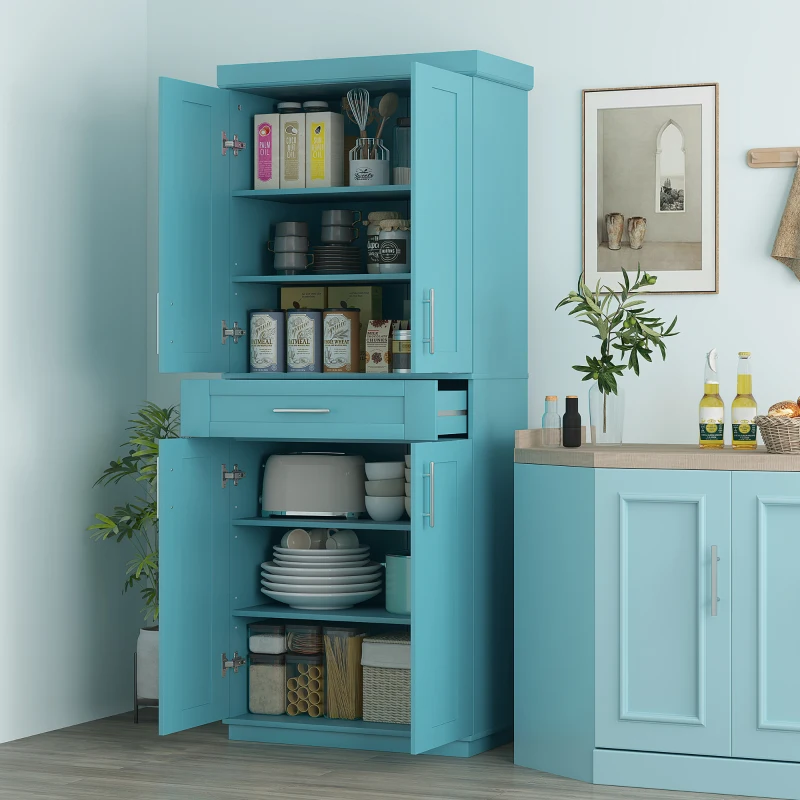 HOMCOM Modern Kitchen Pantry Freestanding Cabinet Cupboard with Doors and Drawer, Adjustable Shelving, Turquoise
