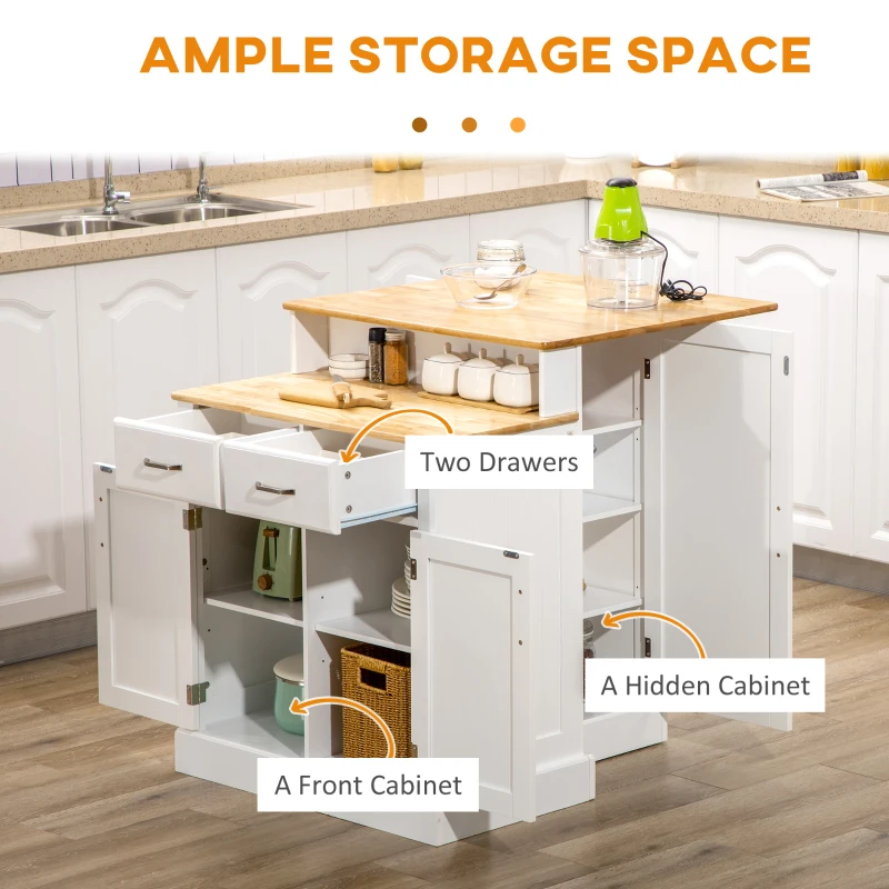 HOMCOM Kitchen Island with 2-Level Rubber Wood Tabletop, Island Table with Adjustable Shelves and Drawers, White