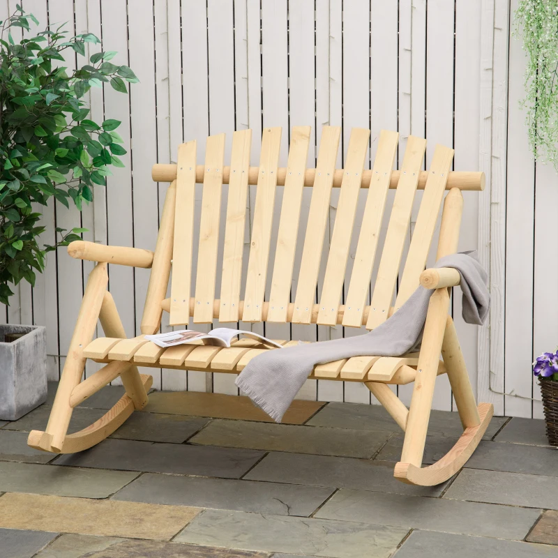 Outsunny Outdoor Wooden Rocking Chair, Double-Person Rustic Adirondack Rocker with Slatted Seat, High Backrest, Armrests for Patio, Garden and Porch, Natural